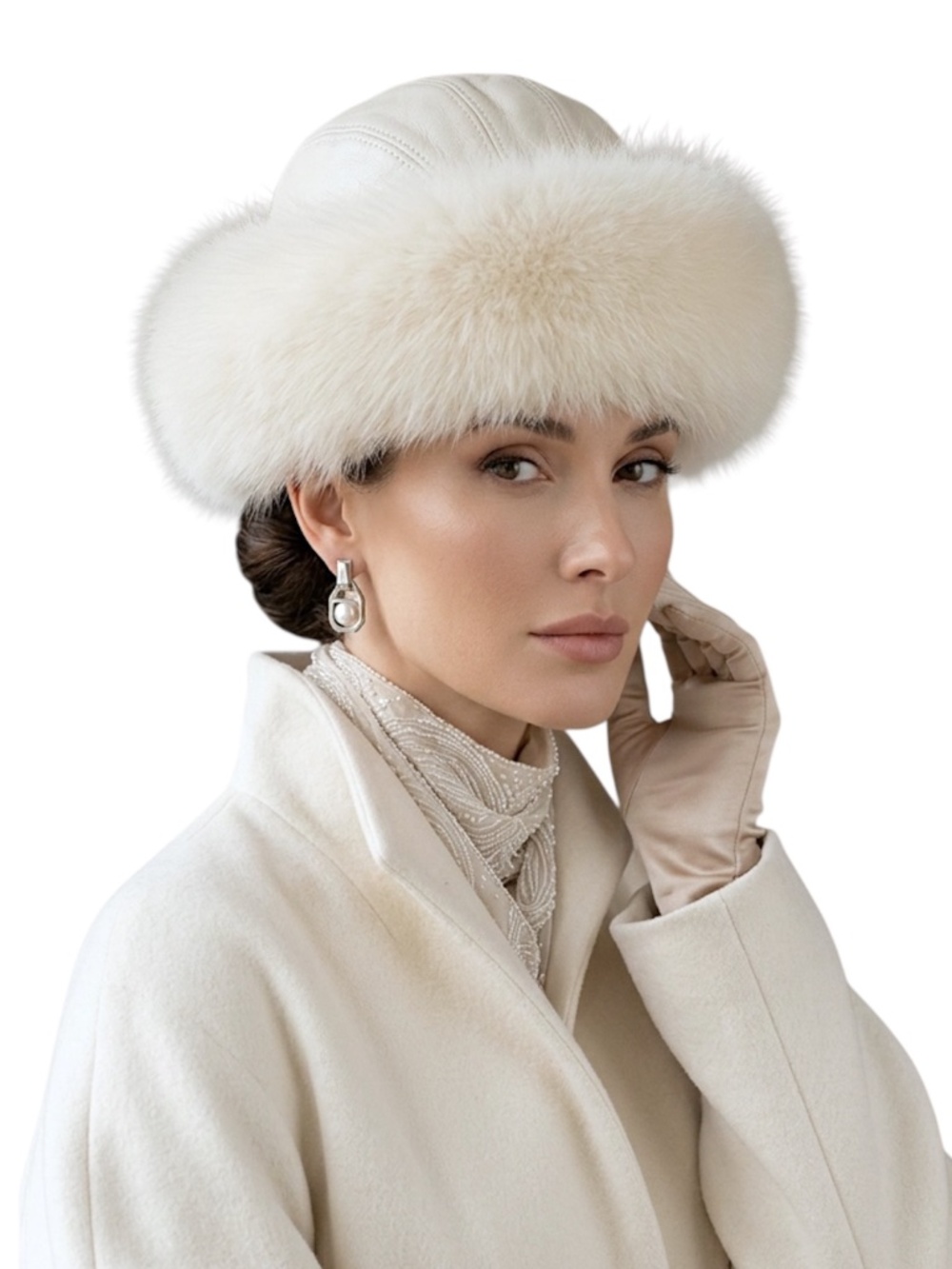 Vintage 80s 90s ivory white fox fur leather Cossack style winter hat